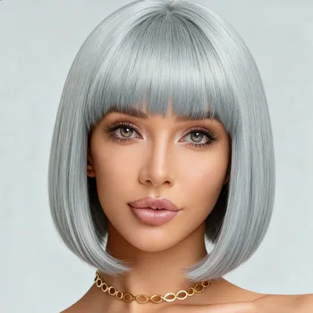 Parrucca sintetica da donna grigio argento da 12 pollici in stile elegante, adatta per feste quotidiane e vacanze