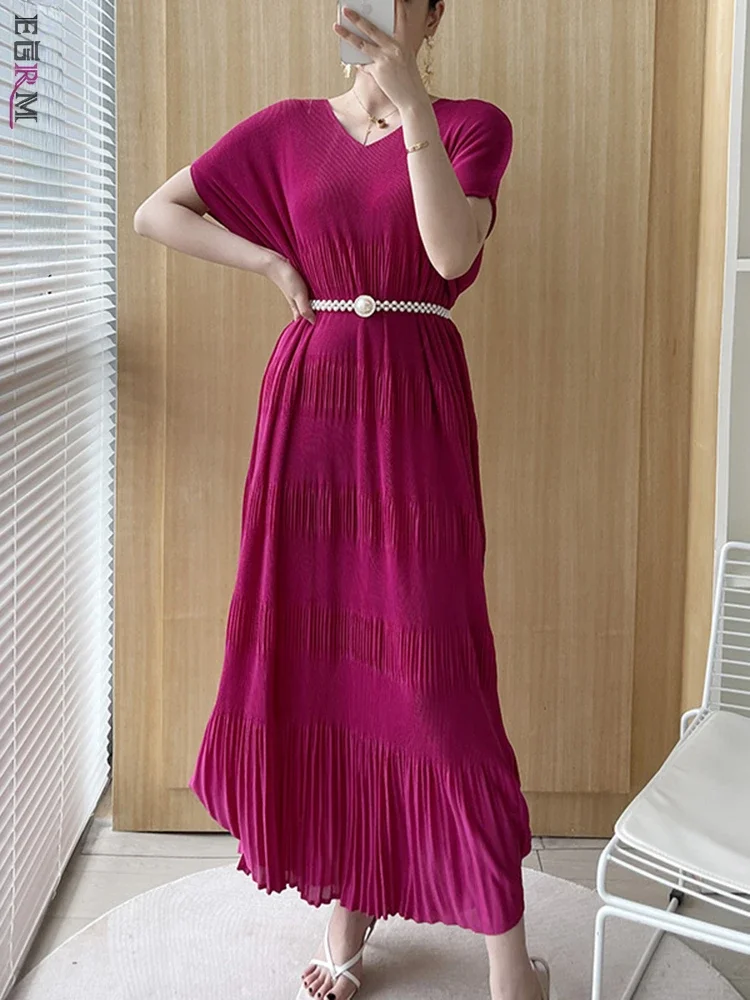 

EGRM Fashion Pleated Dress V-Neck Batwing Sleeves Belt Solid Color Irregular Elegant Party Dresses for Women 2024 New 2RM9508