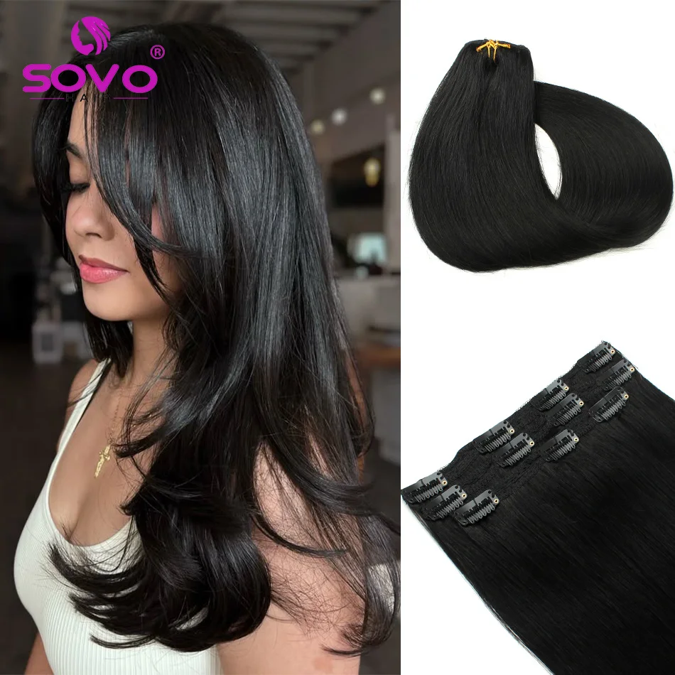 Clip In Hair Extensions 100% Human Hair Color #1 Jet black Double Weft Hair Extensions 3 pcs Natural Color 14- 24 inch