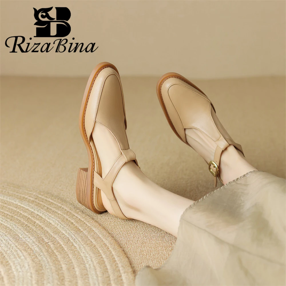 

RIZABINA Women Roman Sandals Real Leather Pointed Toe Chunky Heel Summer Slingback Pumps Lady Retro T-Strap Buckle Casual Shoes