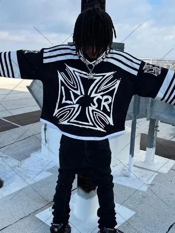 Oversized Striped Letter Print T-irt ort Sve Faion Urban Sle Polyester Fiber Long Sve round Ne Modern Wind T-...