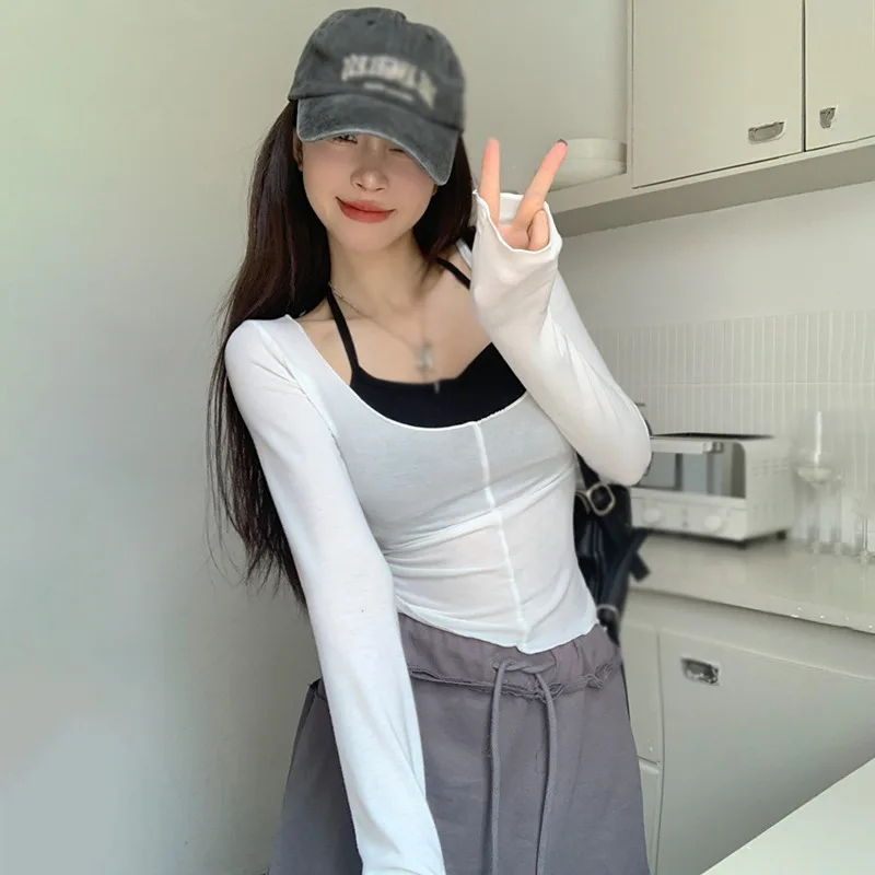 Slim Long Sleeves T-shirt Two Piece Set Women's Short Camisole Summer Outdoor Street Mall Shopping Tops Cooling Clothes101_voghion.com