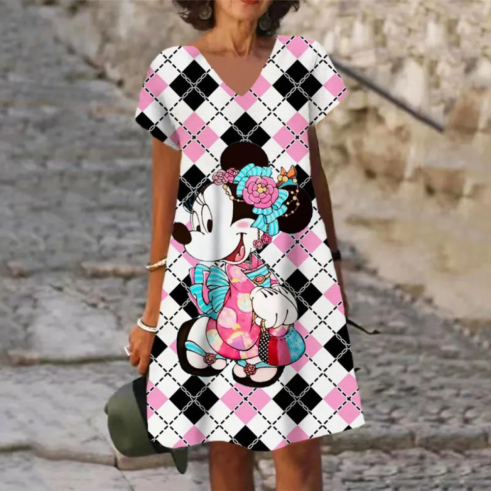 thumbnail image 1 of Nuevos vestidos cortos sexis de verano para fiesta para mujer, vestido con cuello en V y estampado de Mickey Mouse de Disney, vestido hasta la rodilla de manga corta XS-5XL para mujer, 1 of 5