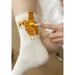 Kawaii Cartoon Cat Print Knitted Cotton Socks - Cute Lolita Style Cozy Sleepwear - One Size (White)