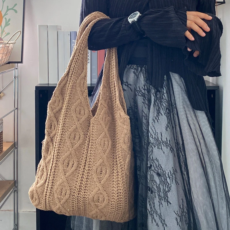 Women Crochet Shoulder Bag Large Capacity Solid Color Crochet Tote Bag Multifunctional Knitted Shopping Bag Casual Commuting Bag
