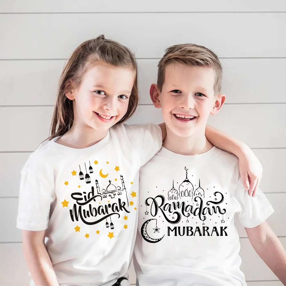 Happy Eid Mubarak Print Kidst-Shirt Girls Boys Eid Party Clothes Top Ramadan Maglietta A Maniche Corte Abito Da Festa Musulmano Islamico