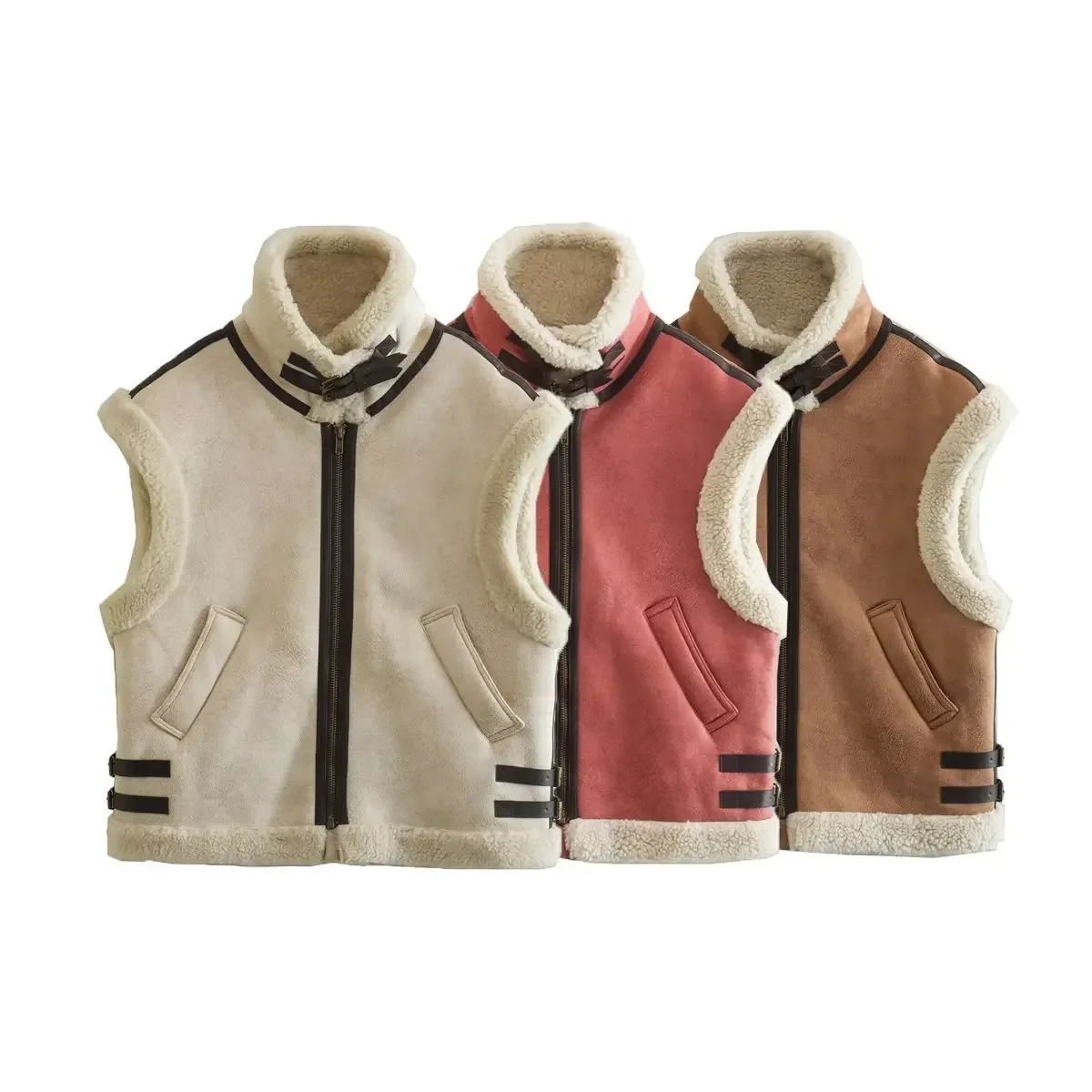 

Fur Integrated Vest for Women, Fleece Splicing, Sleeveless Cotton Coat, Comfortable, Keep Warm, Europe and America, Autumn and W