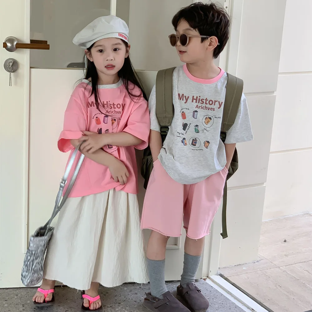 

5985C Children's T-shirt 2023 Summer Korean Fashion Boy's T-shirt Letter Printing Short-sleeved Girl's T Shirt Casual Loose Tops