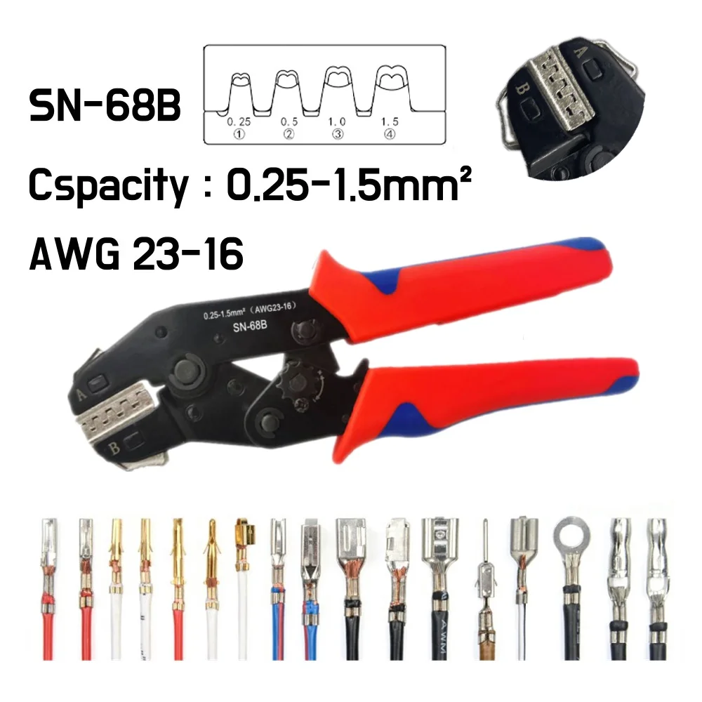 

SN-68B Ratchet Crimping Plier Crimper Tool 0.25-1.5mm² AWG23-16 for Dupont,TE,JST,Molex Terminal Wire Electrical Pliers