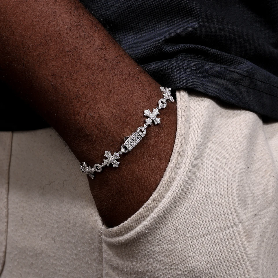 Sterling Silver Moissanite Charm Cross Chain Bracelet