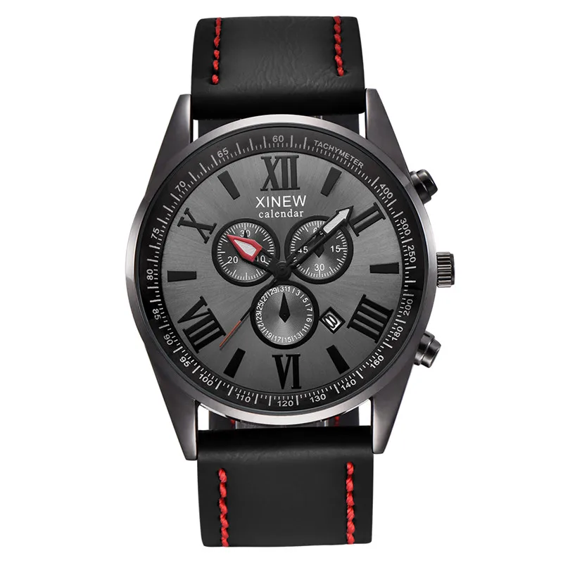 Original XINEW Brand Watches For Men Fashion Leather Band Cheap Simple Date Quartz Clock Kol Saati Erkek Relogio Masculino Black
