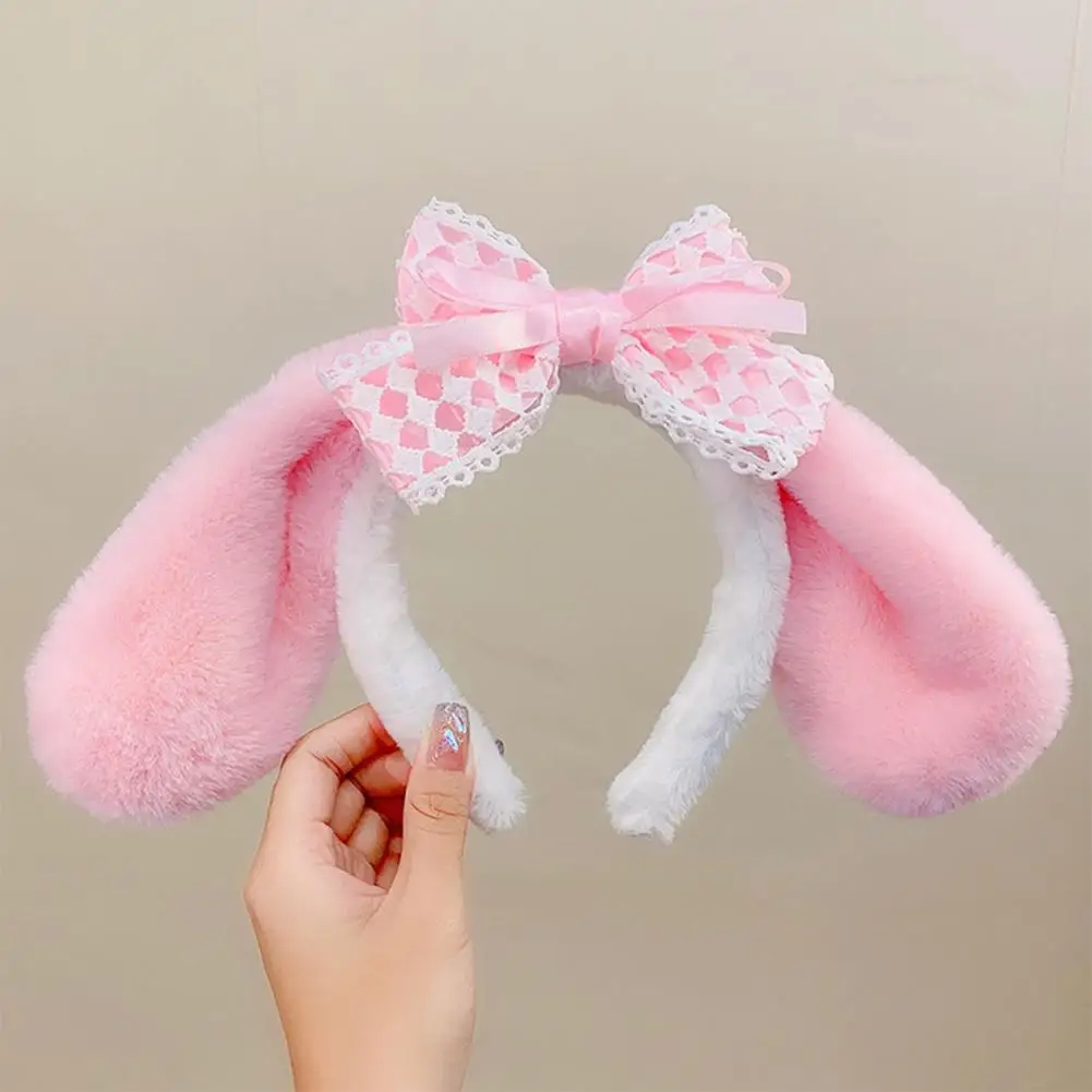 

Bunny Ear Headband Cute Lace Bow Hairband for Women Long Cartoon Ear Decor Elastic Anti-slip Headband for Jk Outfit for Adults