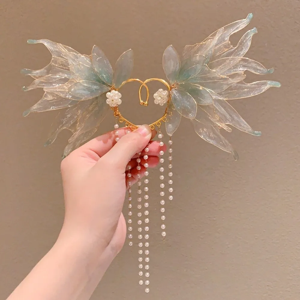 Modische Meerjungfrau-Prinzessin Ohrklemmen, Feenhafte Blumen-Ohrclips, Ästhetische Nicht-Piercing Perlen-Quasten-Ohrclips für Partys – Detail 9