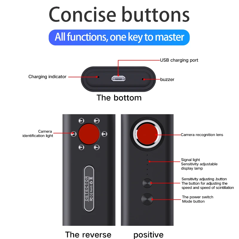 Newest Anti Spy  Detector Portable Pinhole Hidden Lens Detect Gadget for GPS Tracker Hidden Camera Finder Eavesdropping Device