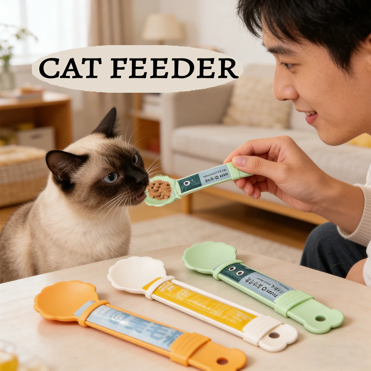1 Pc 고양이 스트립 피더 스푼 꽃 모양의 긴 손잡이 누출 방지 먹이 분배 스푼 애완 동물 스낵 압착 장치