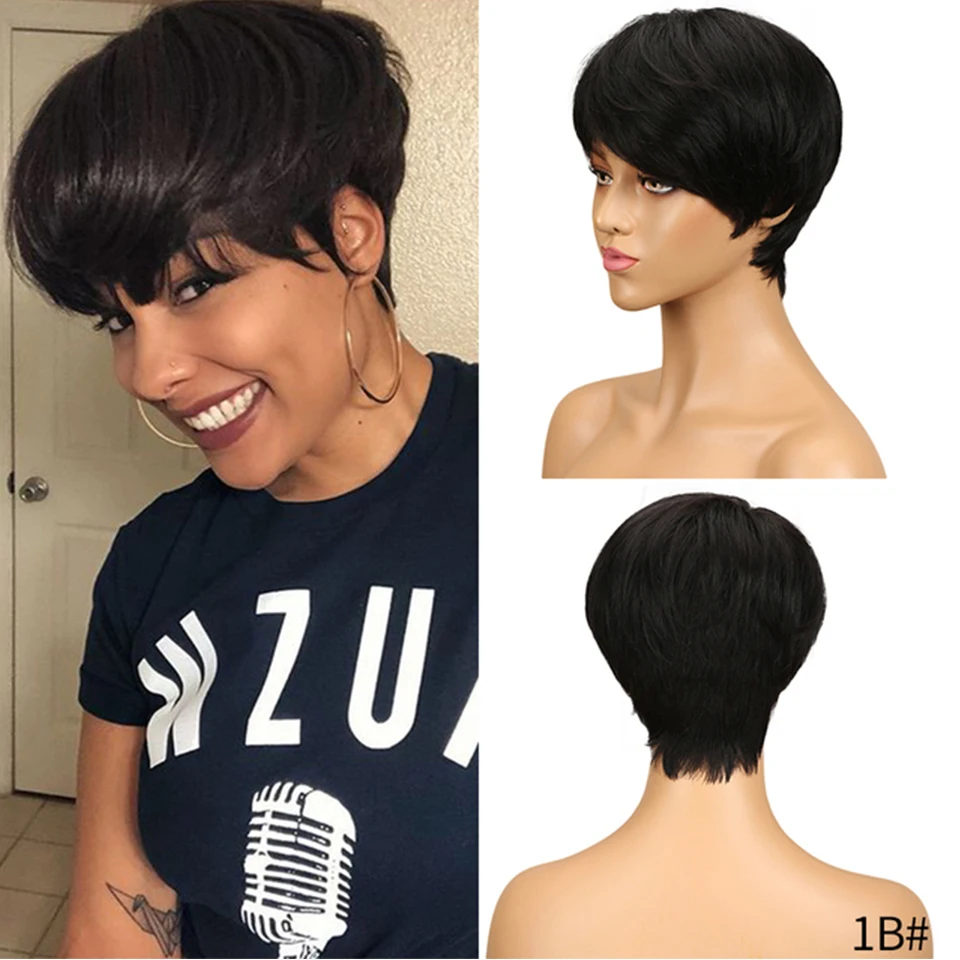 

Short Human Hair Wigs Pixie Cut Straight Remy Brazilian Hair for Black Women Machine Made Highlight Color Cheap Glueless Wigs