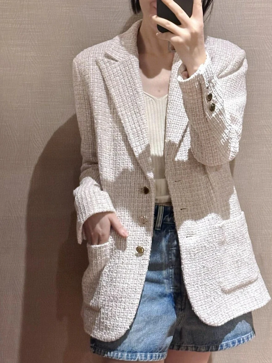 

2024 New Single Breasted Coat Female Tweed Jackets Elegant Ladies Autumn Spring Office Lady Weave Blazer Jacket Women Tops