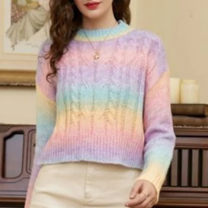 

Autumn Rainbow Gradient Knitted Pullovers Women Winter Vintage Long Sleeve Sweater Woman Korean Casual O-Neck Knitwear 29413