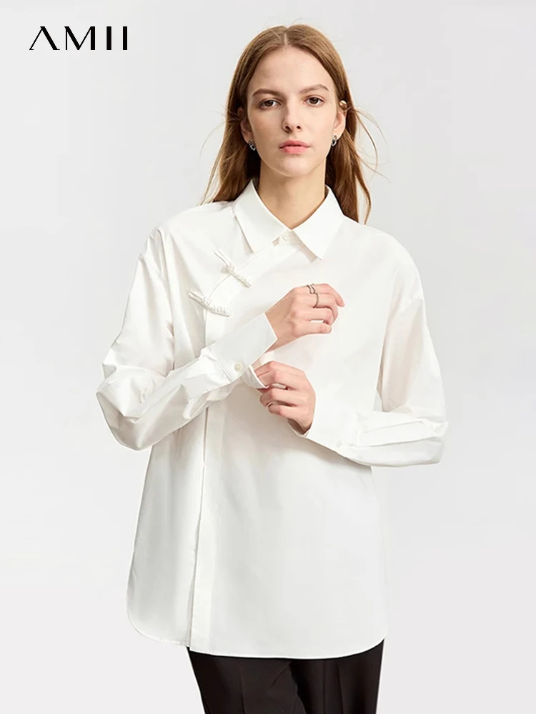 

Amii Minimalism 2024 Summer New Women Shirt & Blouse Chinese Style Oblique Placket Drop Sleeve Loose Office Lady Blouse 12441323