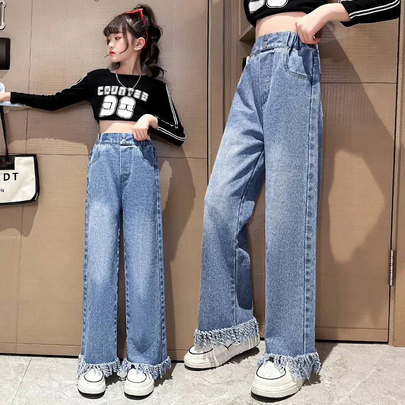 Teen Girls Wide Leg Pants for Korean Straight Fashion Tassel Design Spring Fall Hot Sales Children Vintage Denim Trousers 10 12Y