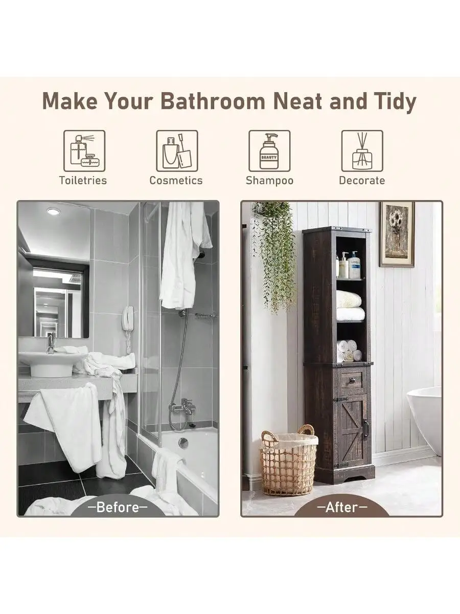 OKD Farmhouse Storage Cabinet with Adjustable Shelves and Storage Drawer Tall Linen Tower for Bathroom and Living Room D 6