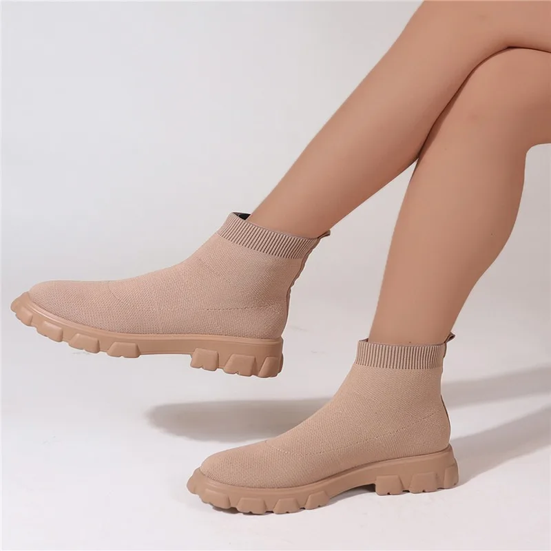 여성용 경량 캐쥬얼 앵클 부츠, 웨지 패션 양말 부츠, 뜨게 겨울 미디엄 튜브 플랫폼 부츠