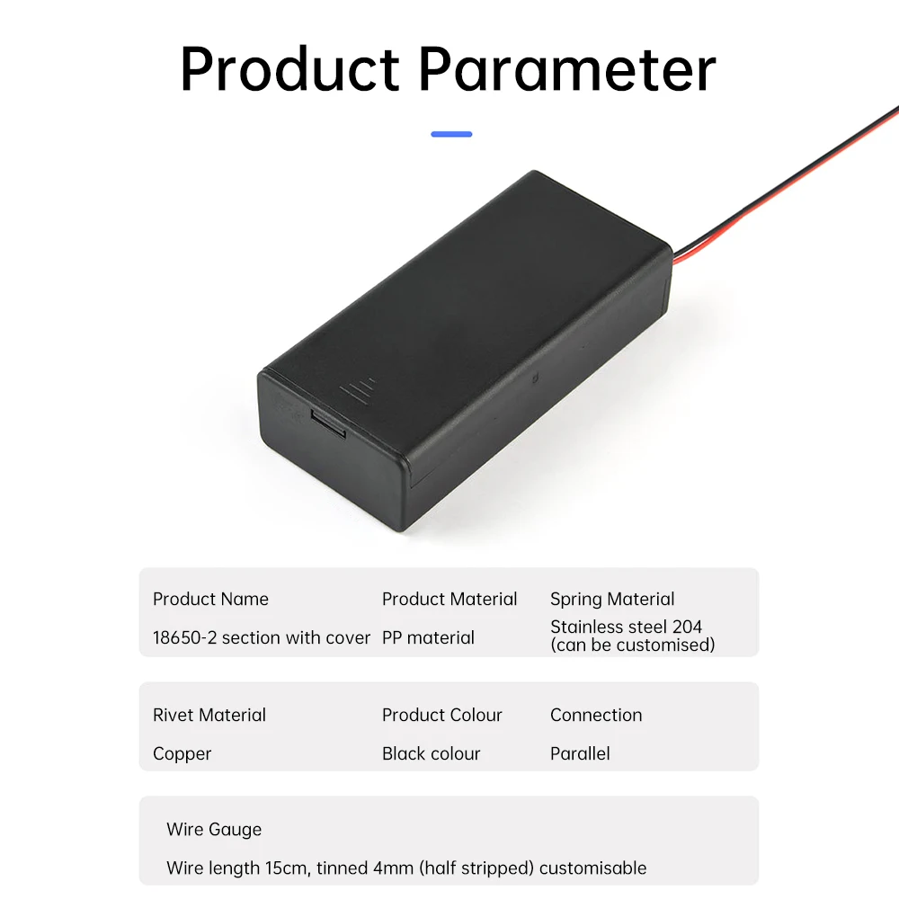 2 Slot 18650 Battery Holder 3.7V Parallel Connection Battery Box Leads Wirees ON/Off Switch Screw Cap Case Back Cover