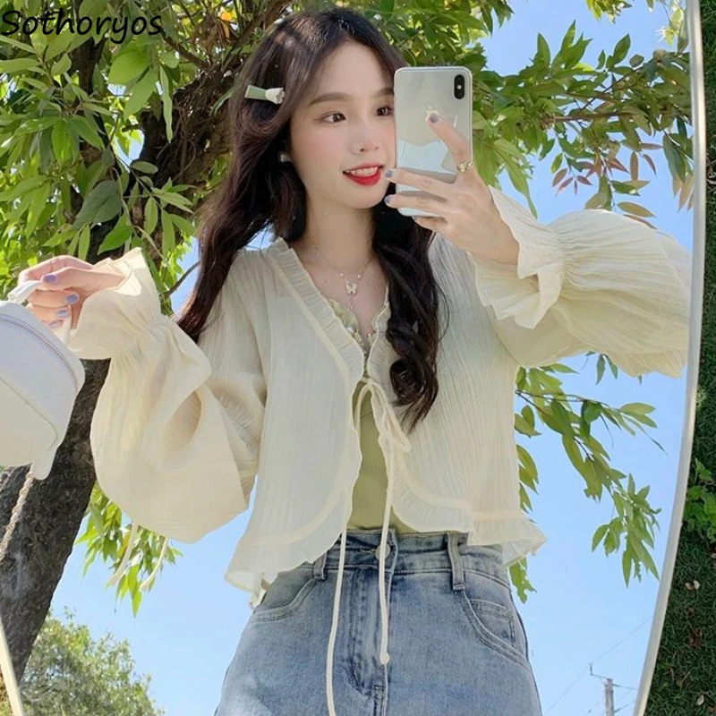 

Lace-up Shirts Women Ruffles Trendy Casual Pure Simple Outwear Summer Elegant Korean Style Ladies Crop Sun-proof Sweet All-match