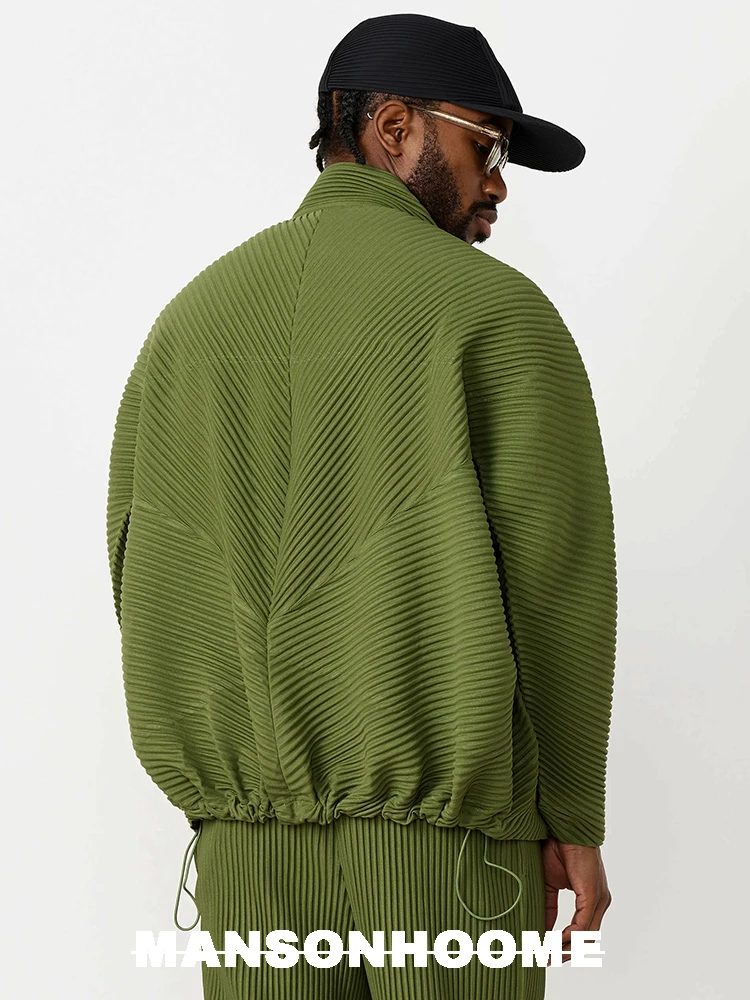 Miyake Pleated Standing Neck Splice Designer Jacket Men's Loose Relaxed Long Sleeve Shirt Coat JC110 2