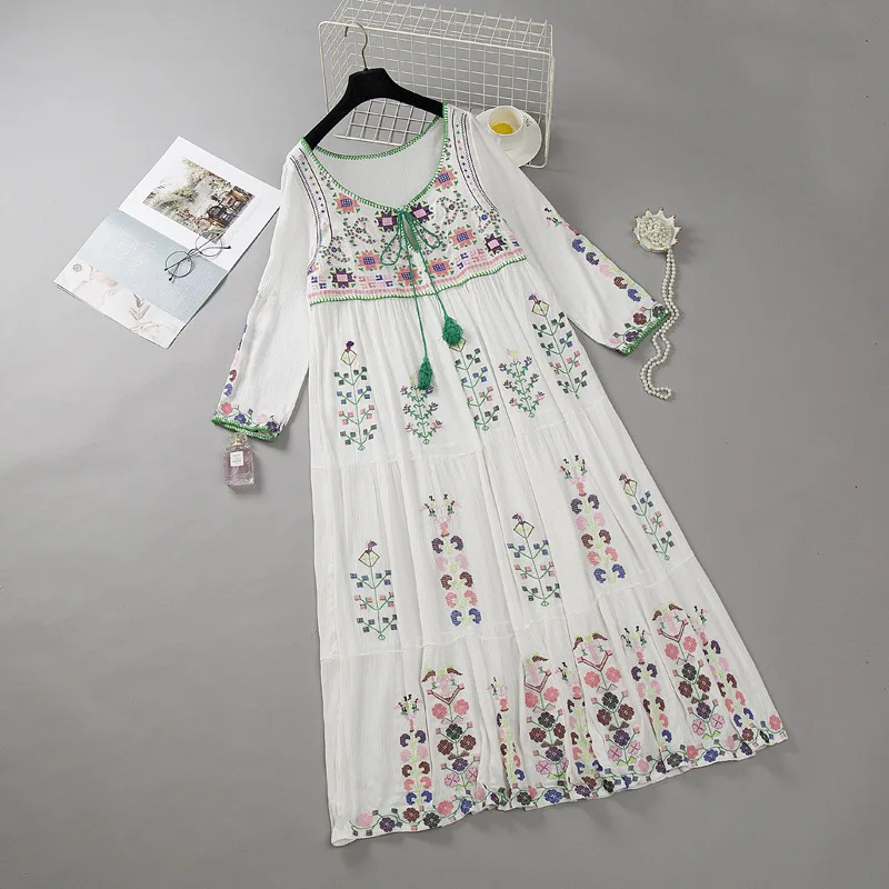 

Bohemian Holiday Woman Dress Ethnic Vestido Embroidered Flower Spring Summer Bandage Elegant Holiday Woman Dress