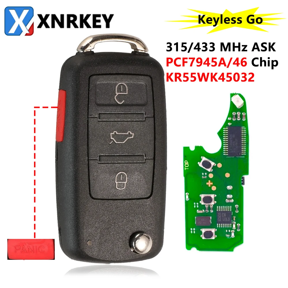 XNRKEY 4 Button Smart Remote Flip Key PCF7945A/ID46 Chip 315/433Mhz for VW Volkswagen Touareg 2002-2010 Car Key FCC: KR55WK45032