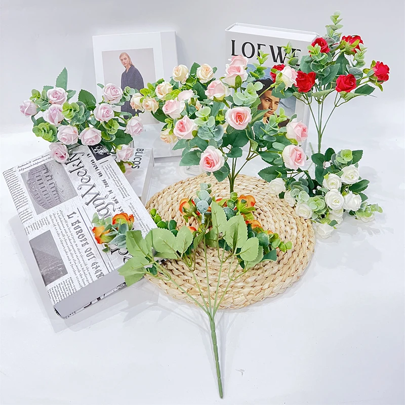 ImitationEucalyptusRoseBouquetSilkGreenPlantVaseFlower