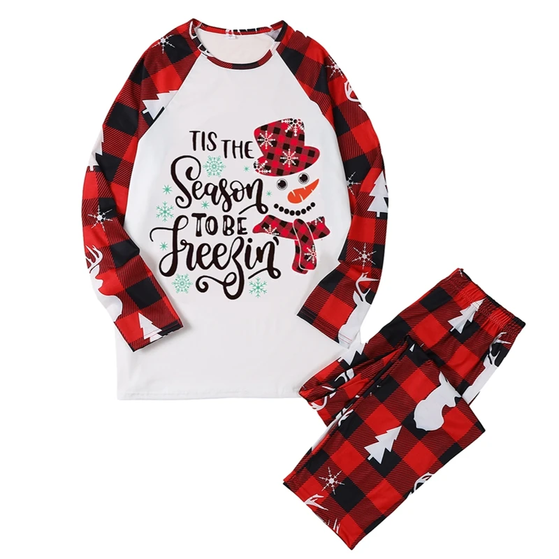 thumbnail image 5 of Conjunto de pijamas familiares navideños Combhasaki, camiseta de retazos con estampado de letras de muñeco de nieve y pantalones a cuadros, ropa de dormir para estar en casa, 5 of 5