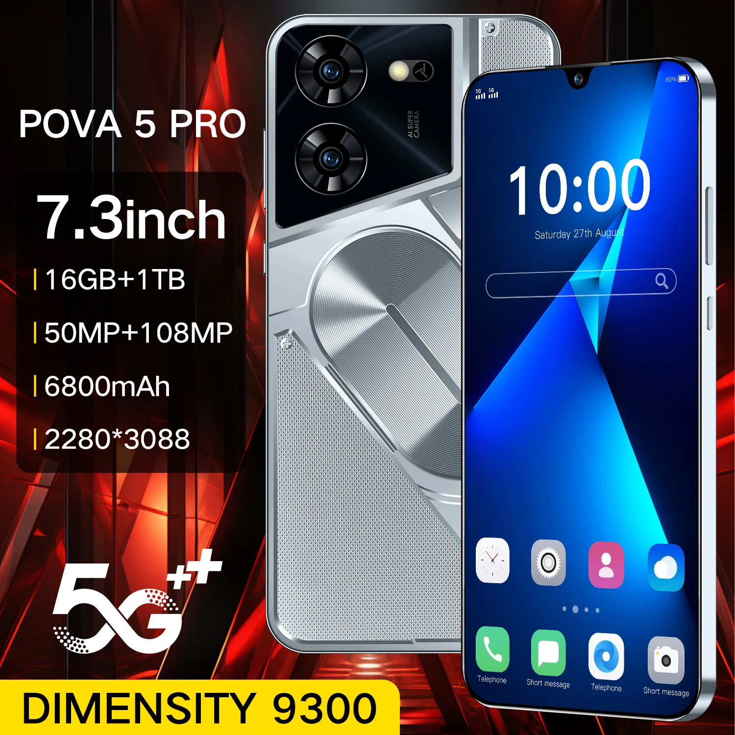 

New Pova 5 Pro 7.3HD Smartphone Dimensity 9300 16G+1TB 6800mAh 50MP+108MP 4G/5G Cellphone Android14 Dual Sim Face Unlocked