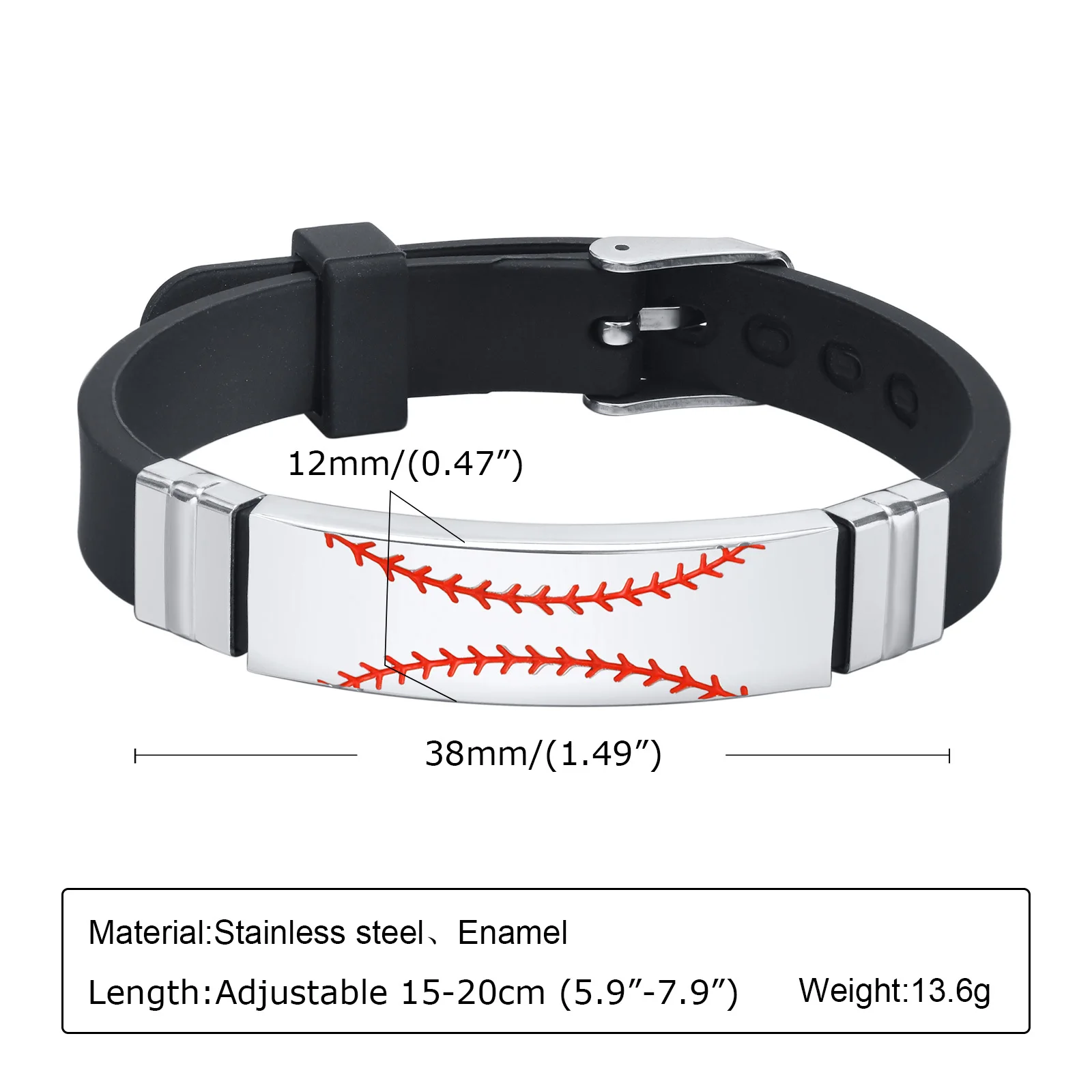 Men's Casual Sport Baseball Silicone Bracelets, Stainless Steel ID Bar with Black Rubber Bands Wristband, Length Adjustable