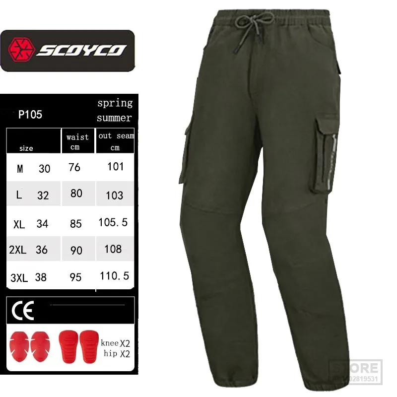 

Men's Summer SCOYCO Motorcycle Pants CE Knee Hip Pads Causal Cargo Motocross Pant Blended Cotton Trousers Big Pocket Tight Hems