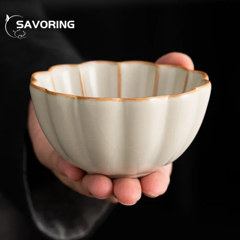 Retro Ru Kiln Porcelain Teacup Creative Opening Tea Bowl Beautiful Petal Tea Cup Smelling Cup Master Cups Tableware Decoration