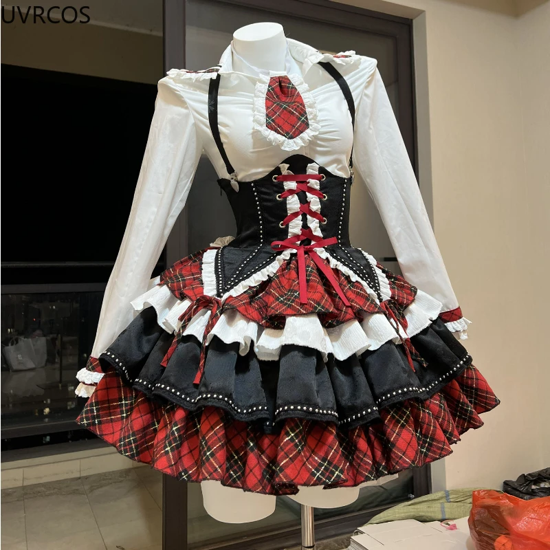 Japanese Gothic Lolita 3 Piece Set Women Plaid Patchwork Kawaii Sweet Mini Skirt Suit Female Korean Fashion Chic Y2k Outfit 2023 women gothic lolita birdcage 5 hoop petticoat underskirt medieval victorian circle fishbone crinoline pannier