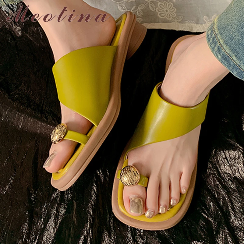

Meotina Women Genuine Leather Slides Square Toe Flat Sandals Thong Slippers Concise Ladies Fashion Casual Shoes Summer Yellow 40