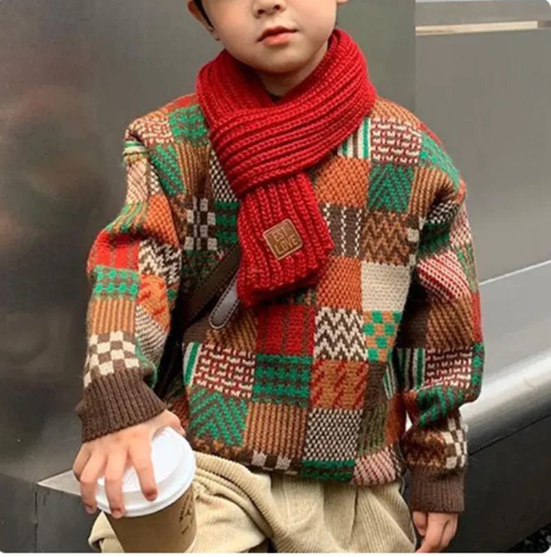 

Autumn Winter Y2K Patchwork Thick Girls Sweater Long Sleeve Chic Boys Knitting Tops Cute Kids Pullover Kawaii Children's Clothes