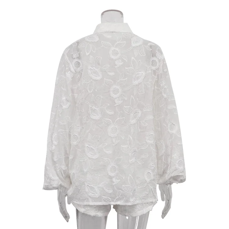Printed See-Through Sexy Outfits Female Patchwork Cardigan Shirts And Lace-Up High Waist Shorts Sets Autumn 2 Piece-Set