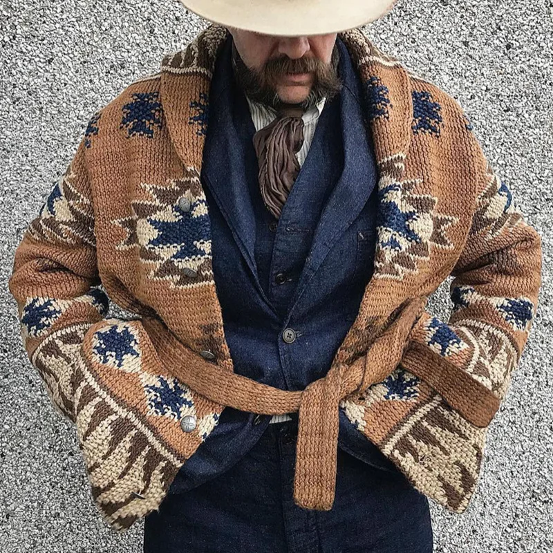 Autumn Winter Men's Jacquard Sweater Thickened Cardigan Tie Up Knit Jacket High Street Fashion Casual Lapel Long Sleeve Knitwear