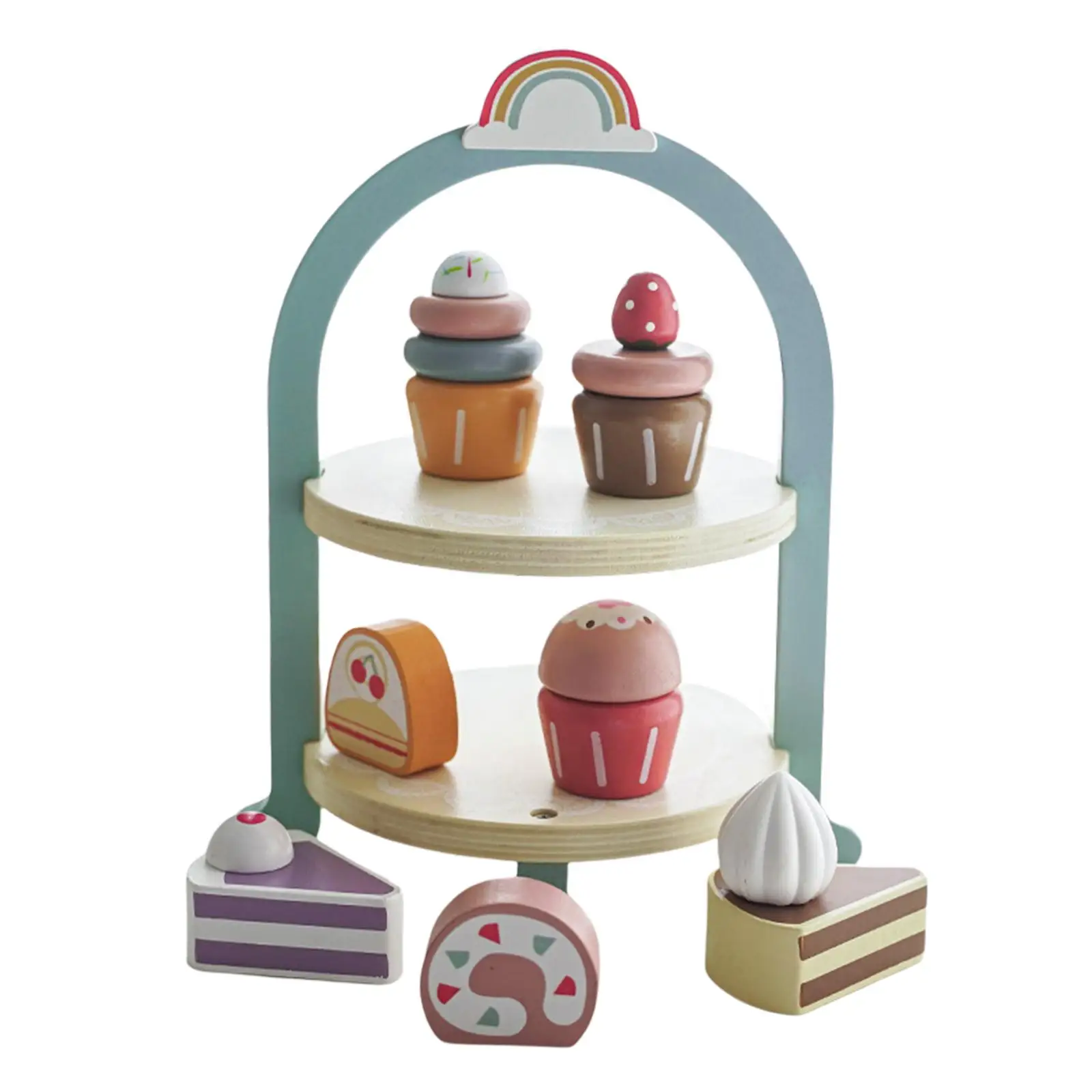 Wooden Dessert Set Fine Motor Skill Cupcake Set with Cake Stand for Boy Girl Preschool Children Early Educational Party Favors