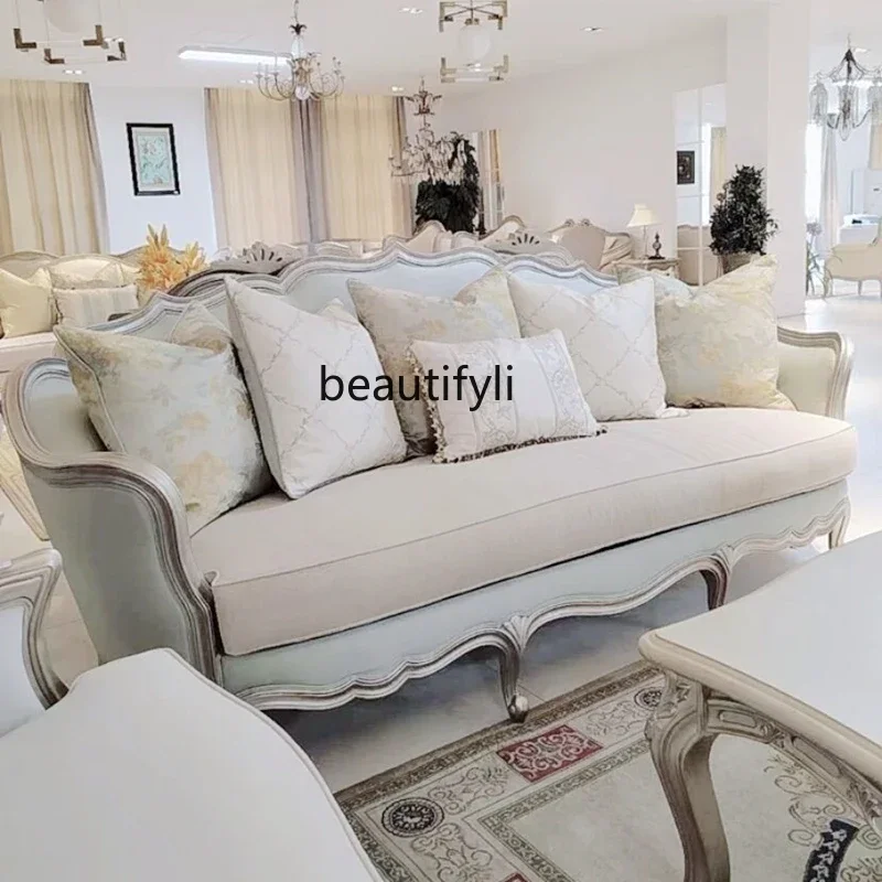 

American Fabric Sofa French New Classical Living Room High-End Solid Wood Beech Carved Champagne Furniture