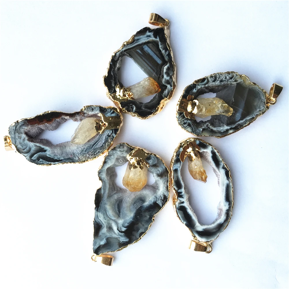 Wholesale 4PCS Geode Agates Slice Pendants Inlaid Natural Citrines Point Irregular Shape Stone Elegant Quartzs Jewelry Making