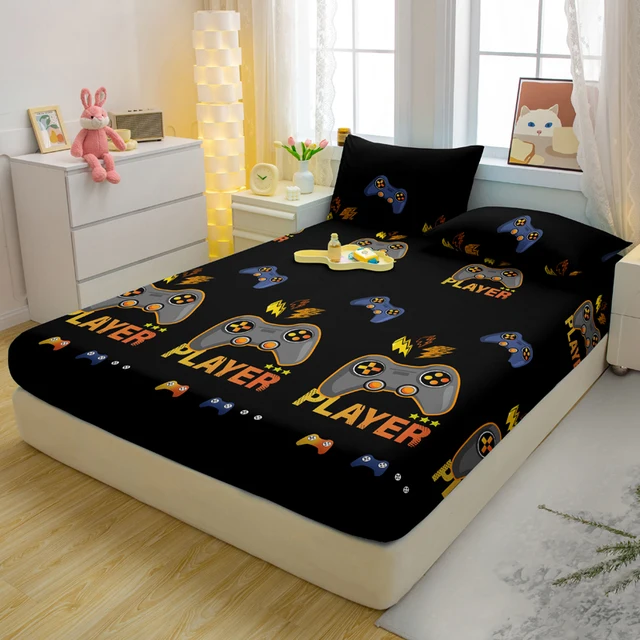 Ensemble de draps housse avec motif de jeu amusant de dessin animé, couverture de lit imprimée, literie de chambre à coucher, 3 pièces 4