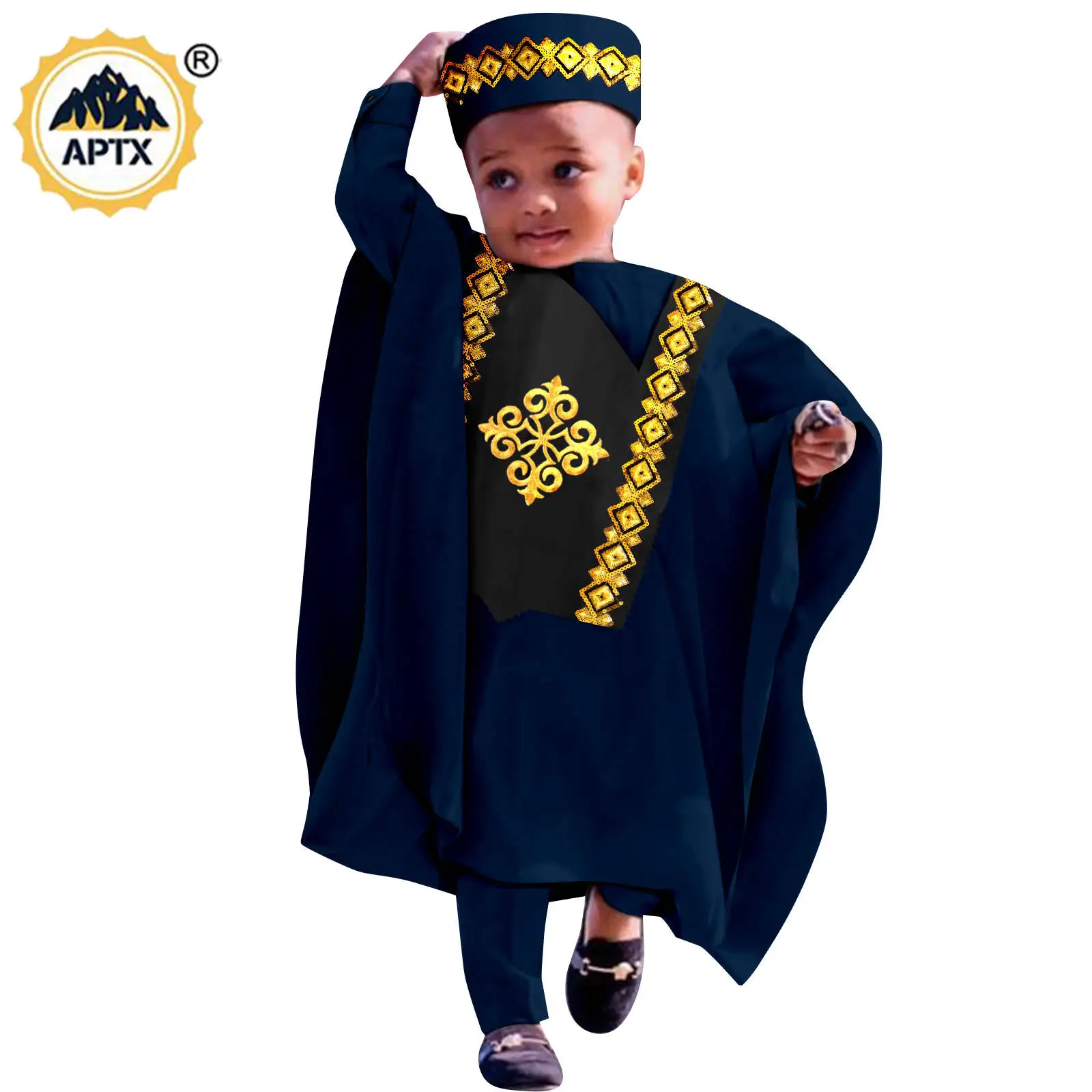 Africa Clothes for Boy Dashiki Outfits Embroidery Robe Top and Pants Matching Hat Bazin Riche Children Kid Muslim Sets 2446033