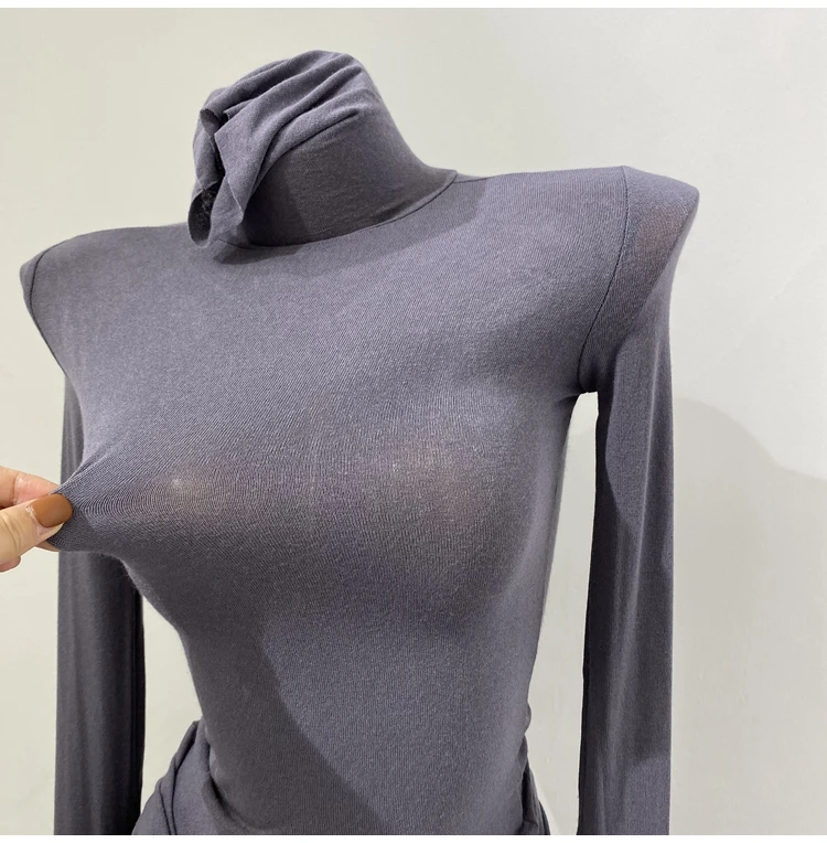 Description Picture 4 of itemThin Soft American Long Sleeve T-shirt High Stacked Neck Tight Perspective Bottom Shirt Women's Slim Fit Tops Sexy Streetwear