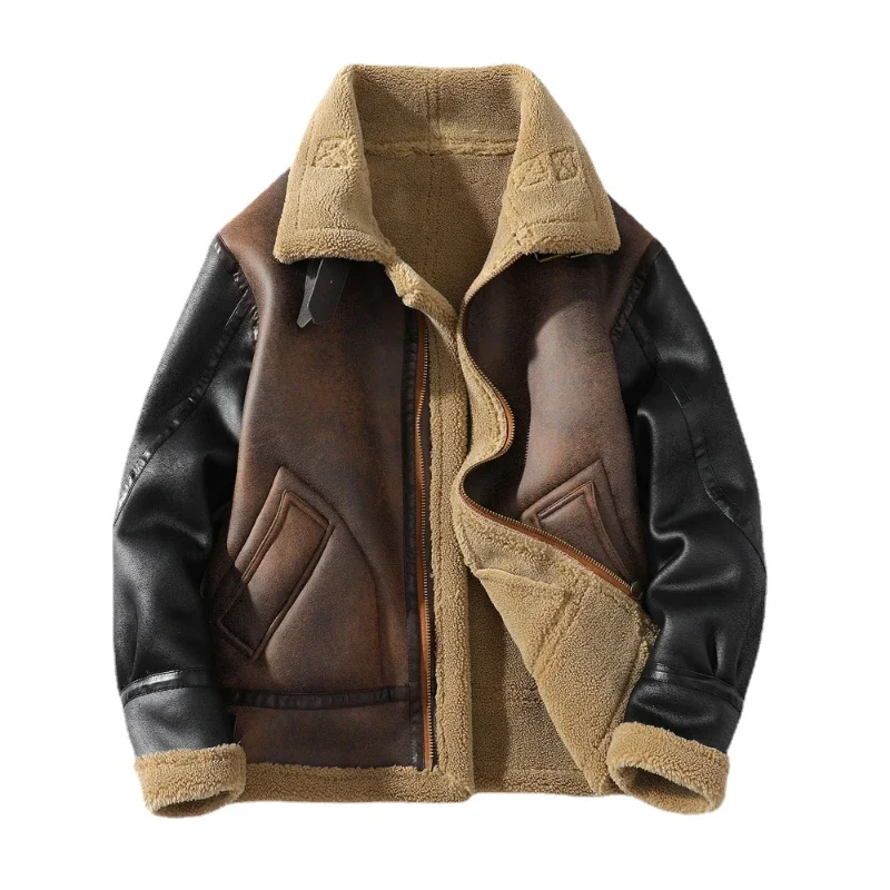 

Men's Loose Mixed Color Winter Plush Lining Jacket Thick Warm Faux Leather Motorcycle Coat