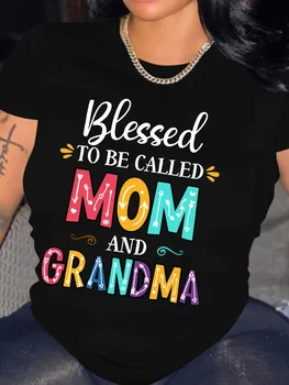 Casual Short Sleeve Mom And Grandma Print Crew Neck T-shirt Casual Short Sleeve Fashionable Letter Cartoon Print Vibrant Colors 1